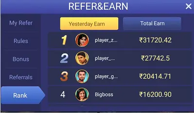 Happy Rummy App Yesterday Refer  Earn Rank