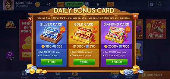 Daily Bonus Card in Teen Patti Cash Game